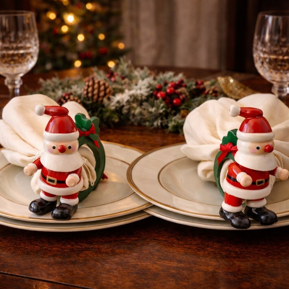 Lot of 3 Vintage Vera Neumann Santa Claus Napkin Rings Holiday Christmas Wood